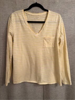 Garnet Hill Yellow & White Striped V-Neck Long Sleeve Top